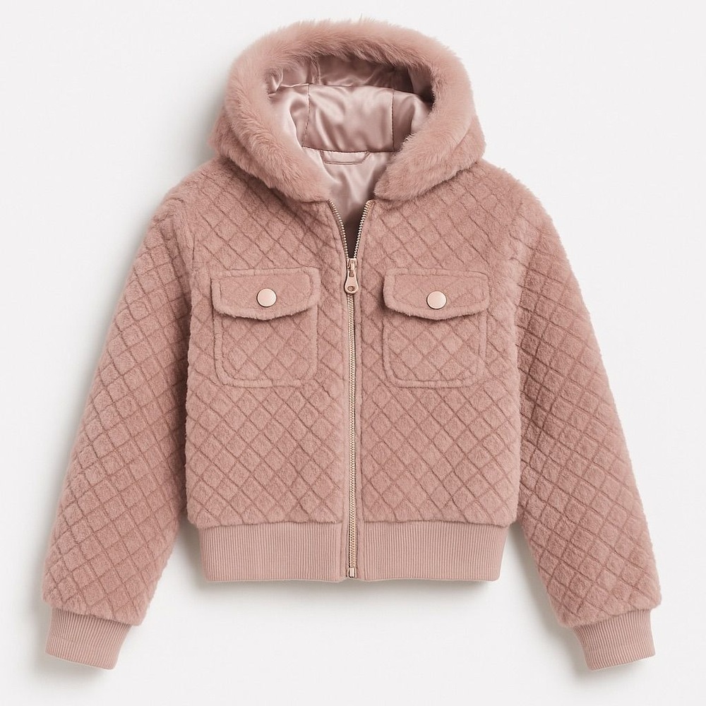 Women Quilted Faux Fur Hooded Bomber Jacket Dusty Rose Pink Full Zip Coat